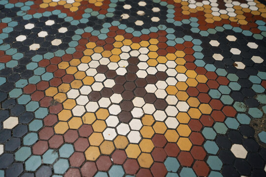 Old mosaic floor texture inside historic church, ancient religious architecture and decorative art concept
