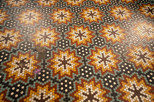 Old mosaic floor texture inside historic church, ancient religious architecture and decorative art concept
