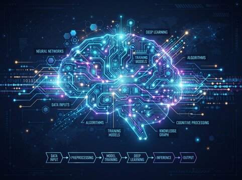 Artificial intelligence electronic brain circuit diagram illustrating deep machine learning flow.