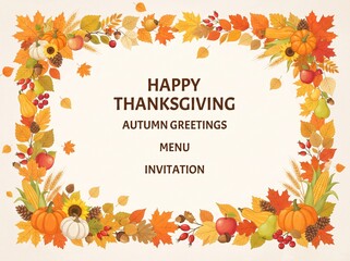 Fototapeta premium Thanksgiving greeting card template with colorful autumn leaves pumpkins corn and fresh fruits.