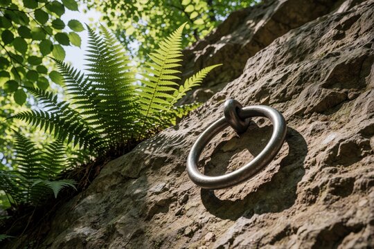 Metal ring on textured rock face. Ferns grow nearby. Provides climbing safety anchor point. Symbolizes adventure, nature, and outdoor challenge.