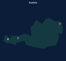 Pixel art map of austria with three location markers © J.M. Stocker