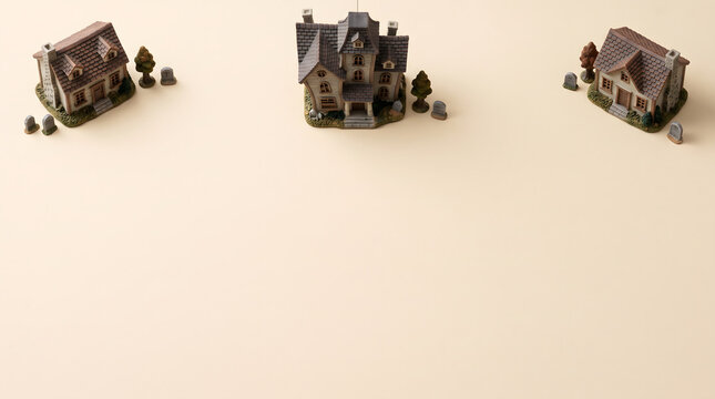 Three miniature houses arranged on a plain beige background representing a neighborhood or real estate development concept