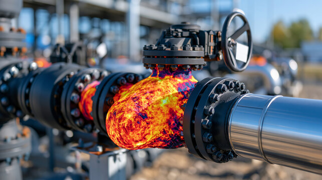 Extreme close-up of a thermal camera screen showing industrial valves and pipelines in detailed infrared colors, one valve glowing intensely to indicate overheating, visible temperature gradient acr