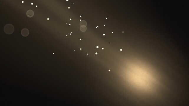 Dust particles floating slowly in a warm diagonal beam of light against a dark studio wall, calm atmospheric seamless loop background with copy space