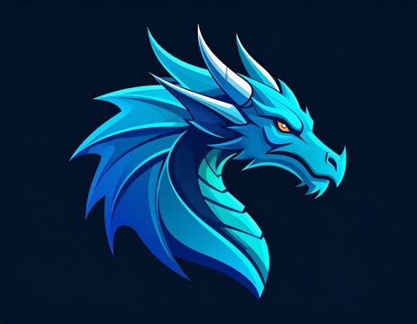 Fierce blue dragon head logo, esports mascot design with sharp horns and scales, mythical creature profile on dark background for gaming brand.

