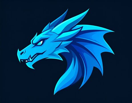 Fierce blue dragon head logo, esports mascot design with sharp horns and scales, mythical creature profile on dark background for gaming brand.
