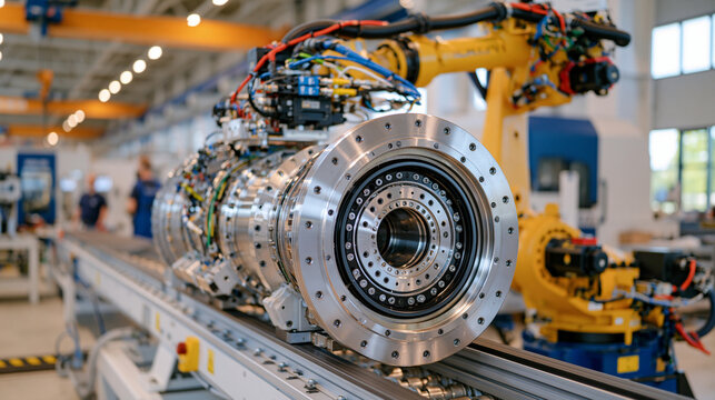 Large cylindrical industrial components moving along a heavy-duty conveyor system inside a modern engineering plant, robotic inspection equipment scanning surfaces, overhead cranes and machining sta