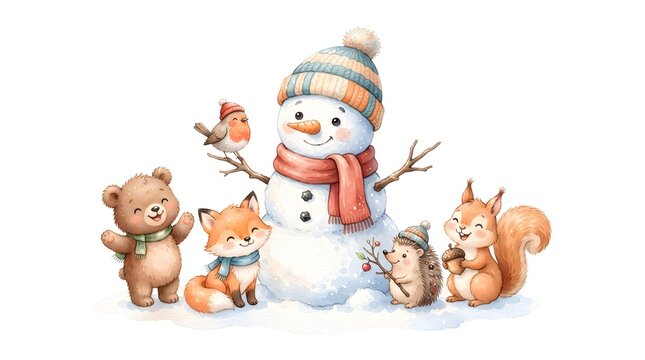 A charming watercolor illustration of cute animals playing together in a snowy winter setting, perfect for children&rsquo;s designs.