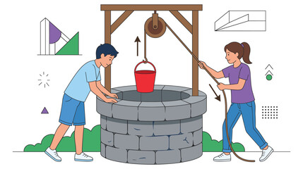 Two children drawing water from stone well using pulley system for domestic chores. © jubayer95