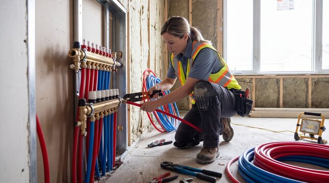 Female Plumber Installing Manifold Underfloor Hydronic Heating