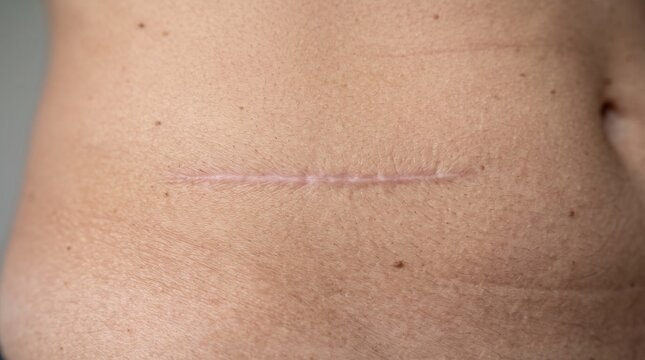 Close up of a faint surgical scar on human skin.