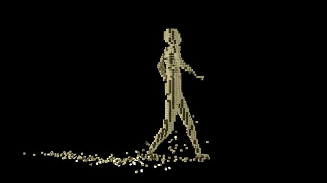 a cube man walking  with falling bits