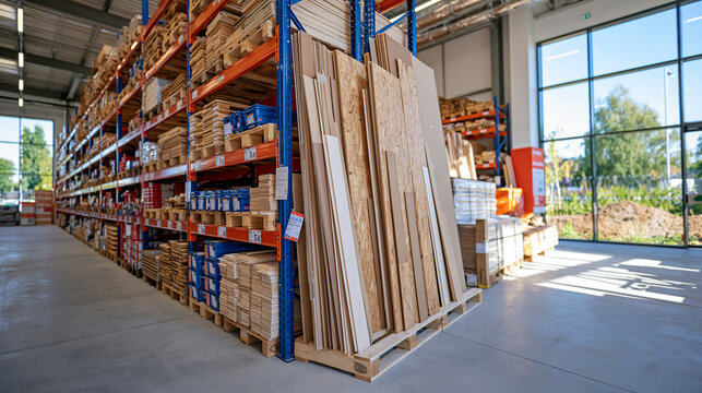 Wide panoramic view of a newly designed British builders' supply showroom before opening, immaculate high ceiling interior, perfectly organised racks of timber, MDF, plywood and construction hardwar