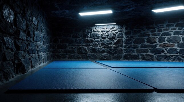 Blue mats lie on concrete floor inside stone walled room with bright overhead lights. Training space offers quiet zone for exercise or meditation practice.