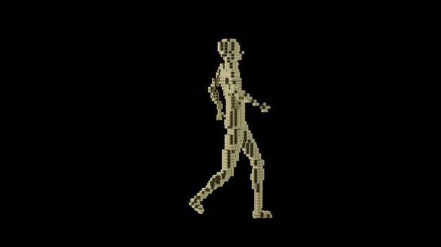 a cube man walking  with falling bits