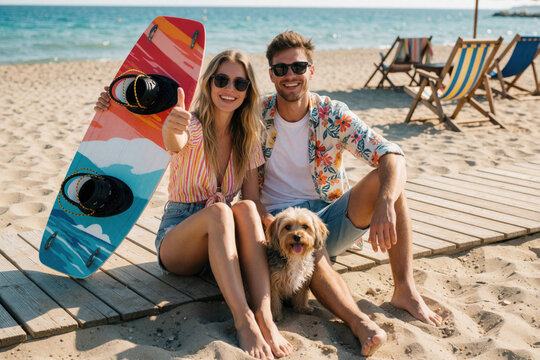 Young caucasian couple sits on wooden path at sunny beach with small dog. Happy man, woman smile, hold colorful kiteboard, enjoy summer vacation. Lovers relax near sea with pet on sand. Active