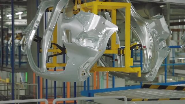 industrial machinery processing metal parts in factory interior with side view of mechanical structures and conveyor belts moving materials efficiently in manufacturing industry.