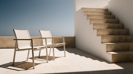 Naklejka premium Two modern outdoor chairs sit on a paved patio beside light stone stairs. A clear blue sky and calm sea form the backdrop. Furniture offers a peaceful rest spot.