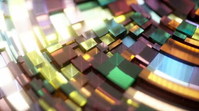 Abstract background with cubes in circular patterns in a digital environment, 3d render, vibrant colors, seamless loop