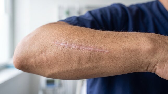 Close up of male arm with visible scars and skin texture.