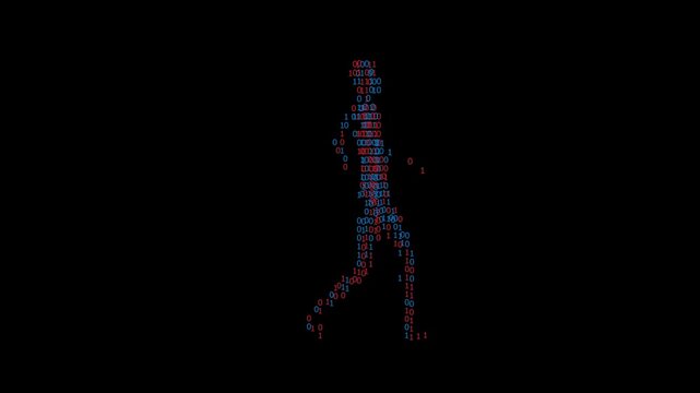 walking digital man with zeros and ones
