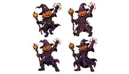 Obraz premium Set of four cartoon pumpkin wizard characters
