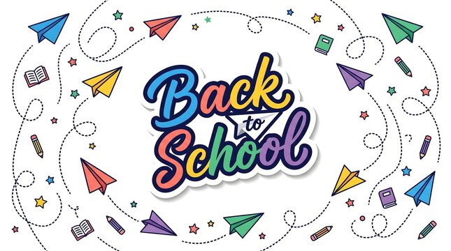 Back to school banner with paper planes and school supplies