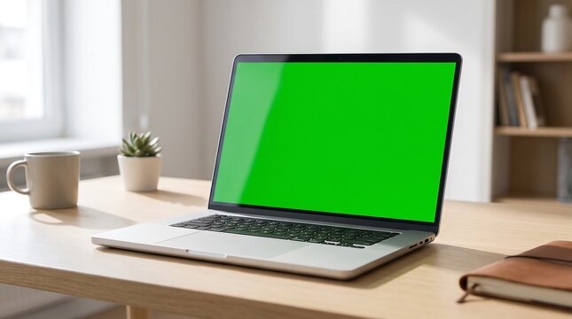 Modern laptop with empty green screen placed on wooden office desk workspace