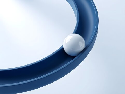 A smooth white sphere resting on a curved blue circular track