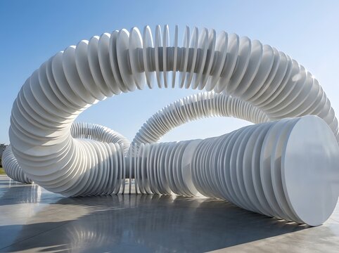 Large outdoor sculptural installation composed of numerous white circular discs arranged in a winding, organic, wormlike form against a clear blue sky