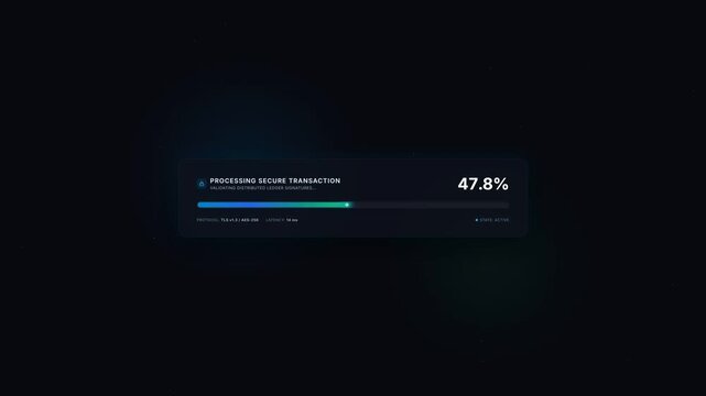 Futuristic UI digital user interface showing a secure transaction progress bar loading from zero to one hundred percent with cyan neon graphics on a dark tech background in studio motion graphics