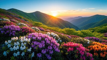 Fototapeta premium Colorful mountain flowers bloom on green hills at sunset. Pink, white, orange azalea bushes cover landscape under golden sky. Beautiful spring nature view with sun rays over distant mountain peaks,