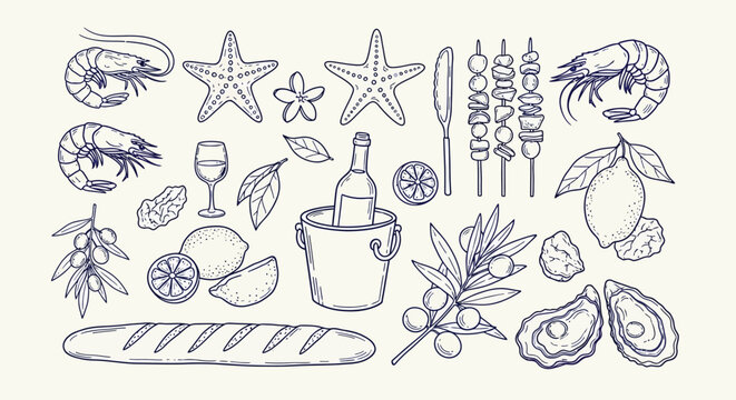 Hand drawn seafood and mediterranean food icons, vintage line art set of shrimp and oysters, nautical restaurant menu vector elements