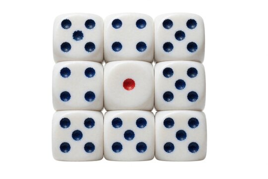Nine white dice arranged in a tic-tac-toe grid. Most have blue dots, but one center die shows a single red dot, suggesting difference or a special outcome in games of chance.