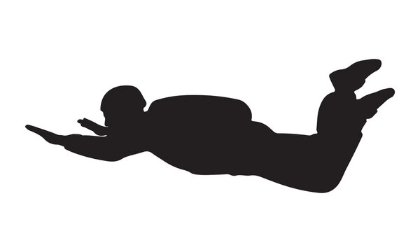 Skydiver in free fall silhouette with backpack flat vector isolated illustration design