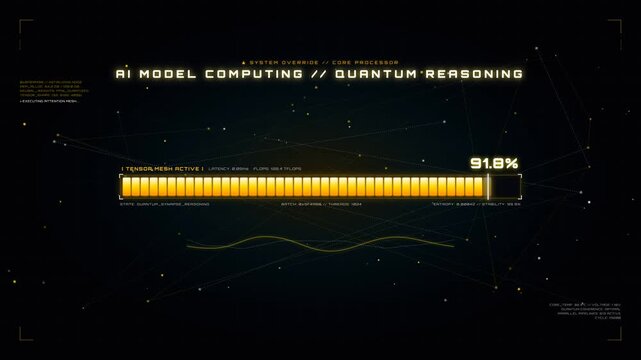 Futuristic sci-fi HUD user interface animation displaying AI model computing and quantum reasoning progress bar loading to 100 percent with digital data network line graphics on dark background.