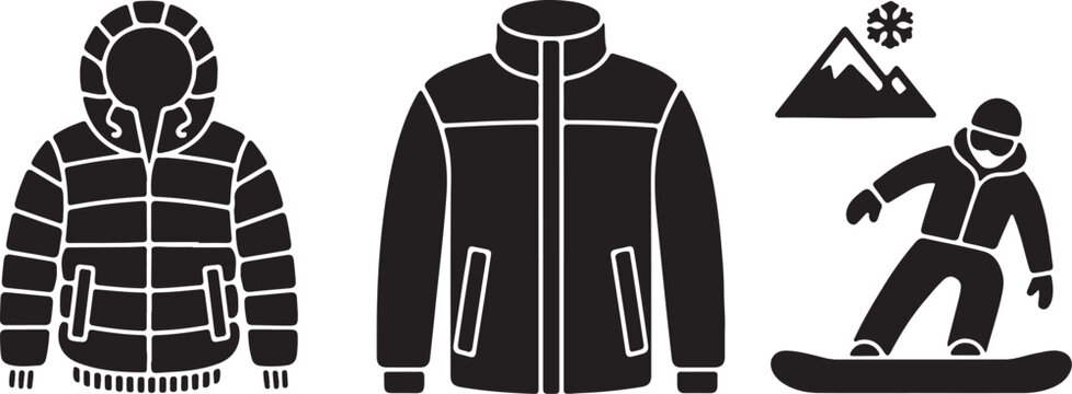 Winter clothing silhouettes depict a parka jacket and snowboarding figure