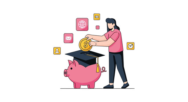Saving for Education Concept with Woman Putting Gold Coin into Piggy Bank wearing Graduation Cap. Financial Planning for College Tuition and Student Debt Flat Vector Illustration.