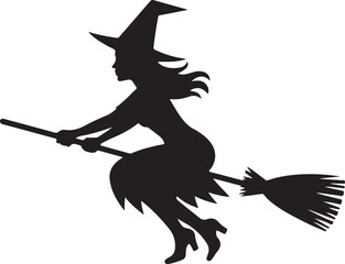Fototapeta premium Witch on a broomstick black silhouette against a white background