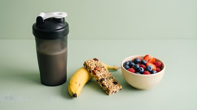 Sports Nutrition Arrangement with Banana, Oat Bar, Berries, and Protein Drink