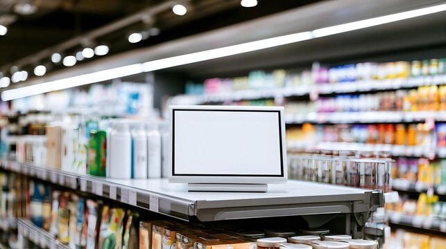 A blank digital display sits on a supermarket shelf with blurred product aisles in the background