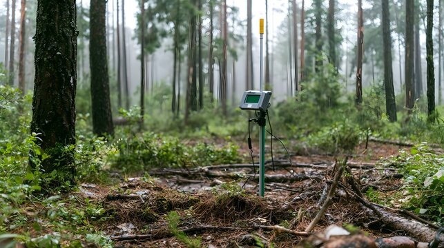A forest fuel moisture monitoring post stands in a misty  rainy woodland with tall trees and scattered branches on the ground