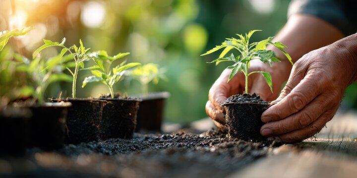 Agricultural worker planting young seedlings from pots. Farming scene early morning farm activity. Farmer transplants tomato sprout with gloved muddy hands, pressing soil. Urban community eco garden.