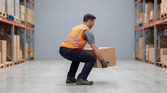 Warehouse Worker Lifting Cardboard Box with Proper Technique for Spine Health