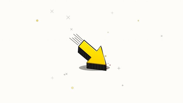 Animated 3D isometric yellow arrow pointing downward on clean light background with subtle motion lines and geometric accents, ideal for business decline, stock market drop, or web graphics.