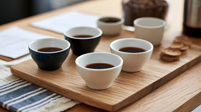 Five small cups of coffee arranged on a wooden tray with papers and cookies nearby  suggesting a tasting or evaluation setting