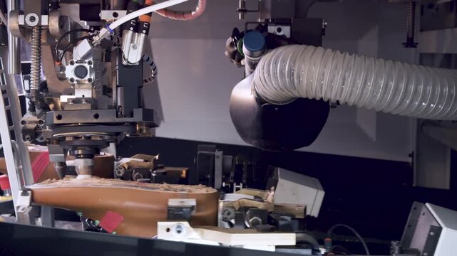 Automated machining cell with extraction hose aligned over circular cutting shroud and tooling fixtures, with machinery, automation, manufacturing, machine detail