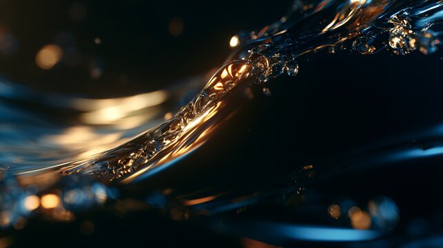Liquid Luminance: Golden Water Wave in Dark Abyss