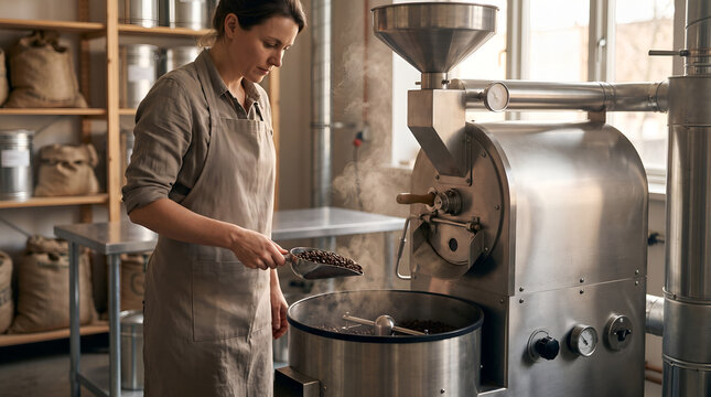Professional coffee roaster monitoring freshly roasted beans in small production facility, artisan food processing, specialty coffee production, roasting craftsmanship, and beverage industry